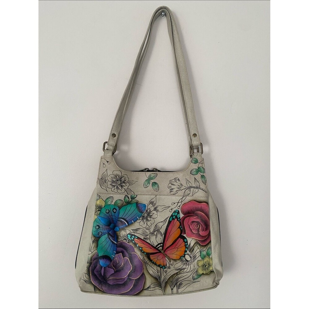 VTG Anuschka Hand-Painted Floral & Butterfly Leather Crossbody Bag Cream Rare
